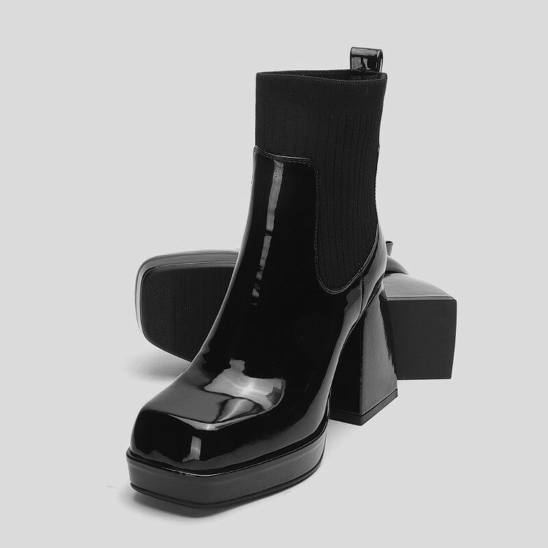 High-heeled Thick-heeled Patent Leather Wool Cloth Nightclub Workplace Party Trend Fashion Four Seasons Ladies Short Boots
