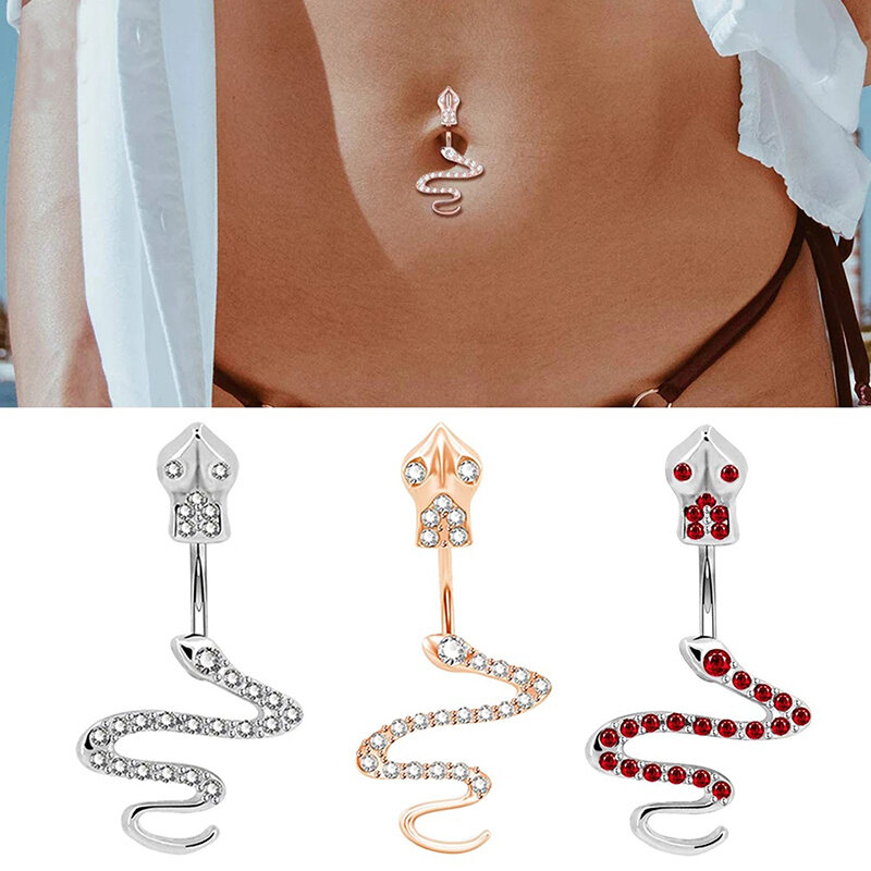Women Navel Piercing Belly Ring Rhinestone Snake Shape Body Jewelry Bar 14G Stainless Steel Belly Button Rings Surgical Piercing