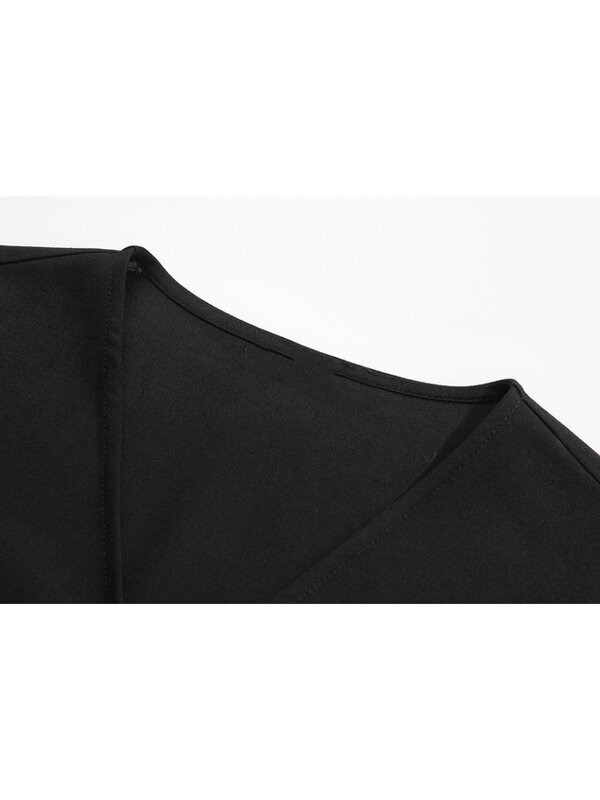 أسود الخامس الرقبة قصيرة الأكمام فستان المرأة الصيف جديد تصميم بسيط Ruffled مطوي التعادل الخصر نفخة الأكمام تنورة قصيرة الإناث
