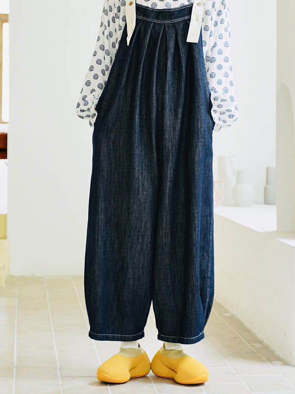 بنطلون جينز Imakokoni الأصلي مصمم من القطن بحمالات فضفاضة غير رسمية متعددة الاستخدامات على الموضة بأرجل واسعة للنساء لربيع وشتاء 223705