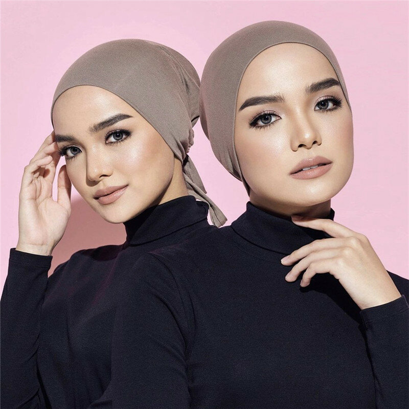 New Premium Jersey Muslim Inner Cap Stretch Hijab With Rope Adjustable Women Underscarf Solid Color Islamic Turban Headwear