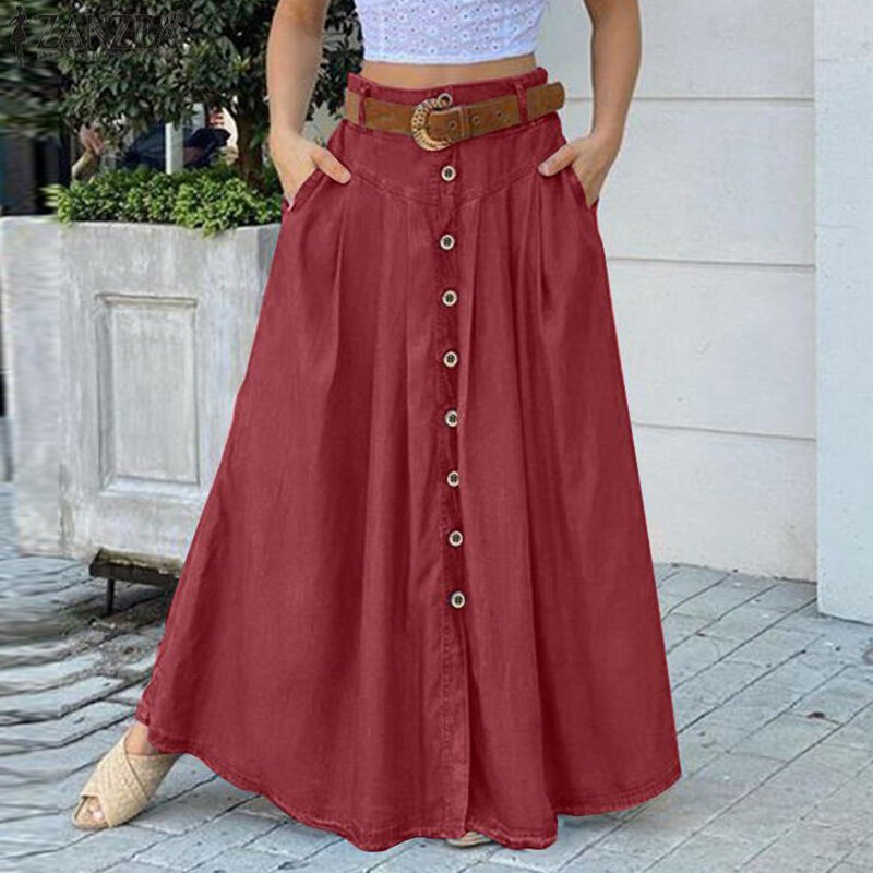 المرأة تنورة طويلة زر عالية الخصر بلون جيب تنورة المرأة عادية النمط الرعوي ملابس عصرية بسيطة