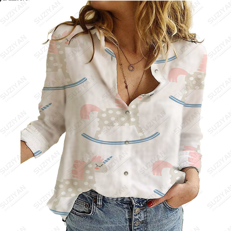 قمصان نسائية موضة مطبوعة قميص فضفاض قميص غير رسمي للنساء موضة سلاسل طباعة فضفاضة عادية مكتب قمصان