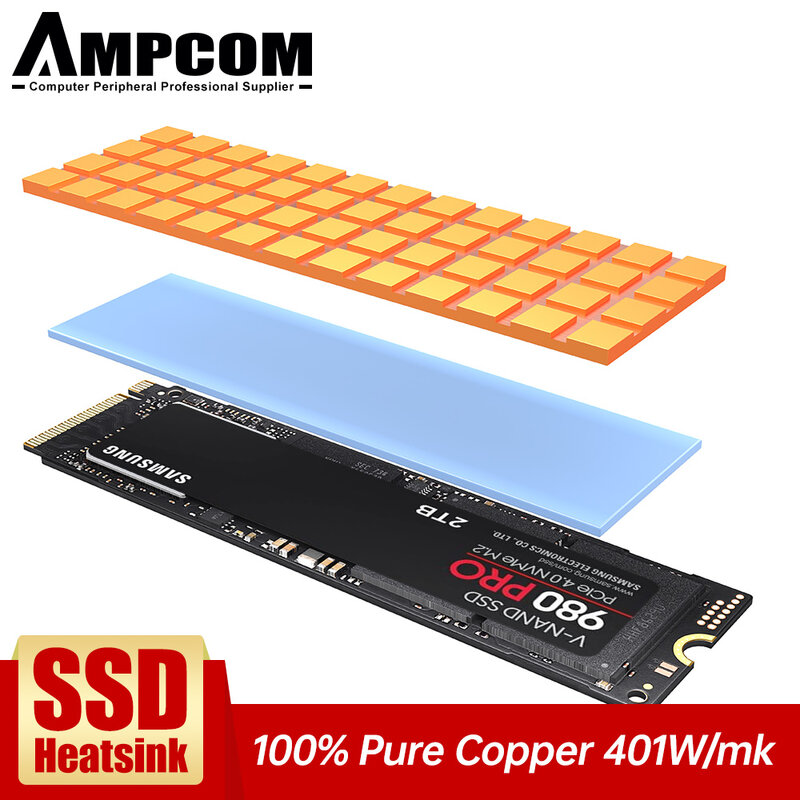 AMPCOM M.2 قرص صلب 100% النحاس النقي المبرد ، محركات الأقراص الصلبة تبريد المبرد لوحة حرارية ل NVME M2 NGFF 2280 PCIe SSD