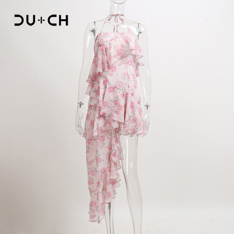 CU-CH Floral Print Sling Dress Women Summer Dresses 2022 NEW Elegant Sexy Strapless Spaghetti Irregular Ruffle Hem Slit Dress