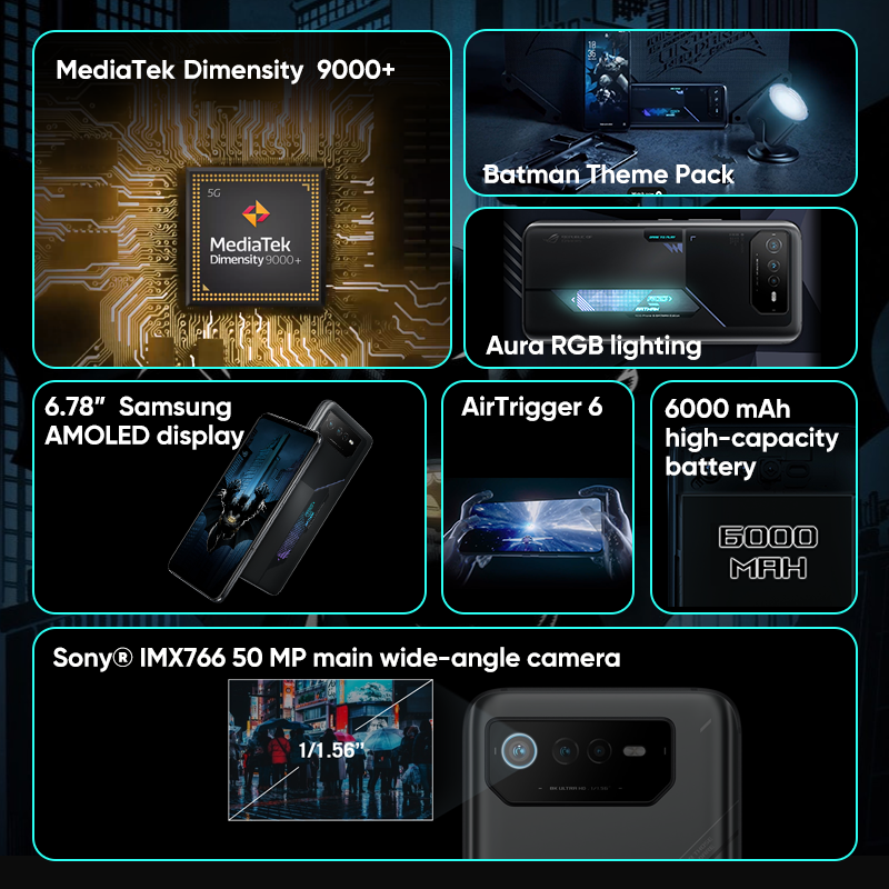 هاتف ASUS ROG 6 باتمان إصدار محدود هاتف 5G للألعاب MediaTek أبعاد 9000 + 165Hz شاشة AMOLED هاتف ذكي