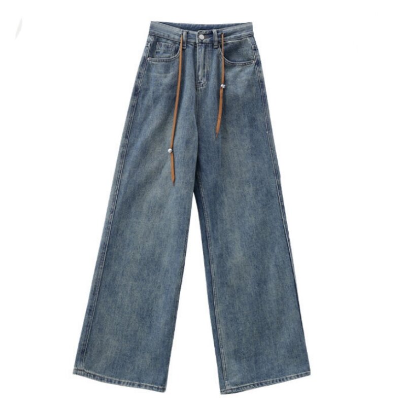 بنطلون جينز نسائي أزرق عالي الخصر متدرج أمريكي على طراز الشارع بنطلون جينز نسائي واسع الساق مستقيم فضفاض من قماش الدنيم