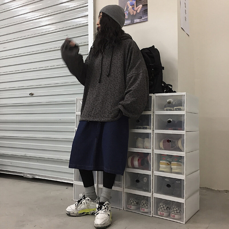 Women 2021 Harajuku Streetwear Punk Top Warm Fleece Plus Size Oversized Loose Hooded Leopard Hip Hop Sweatshirt Pullover Hoodies