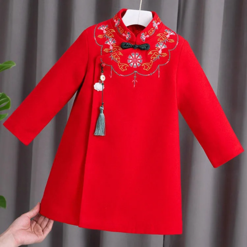 2023 السنة الجديدة تشيباو الأزهار التطريز الصينية التقليدية فستان للفتيات الاطفال تانغ دعوى الأطفال ملابس سميكة Hanfu شيونغسام