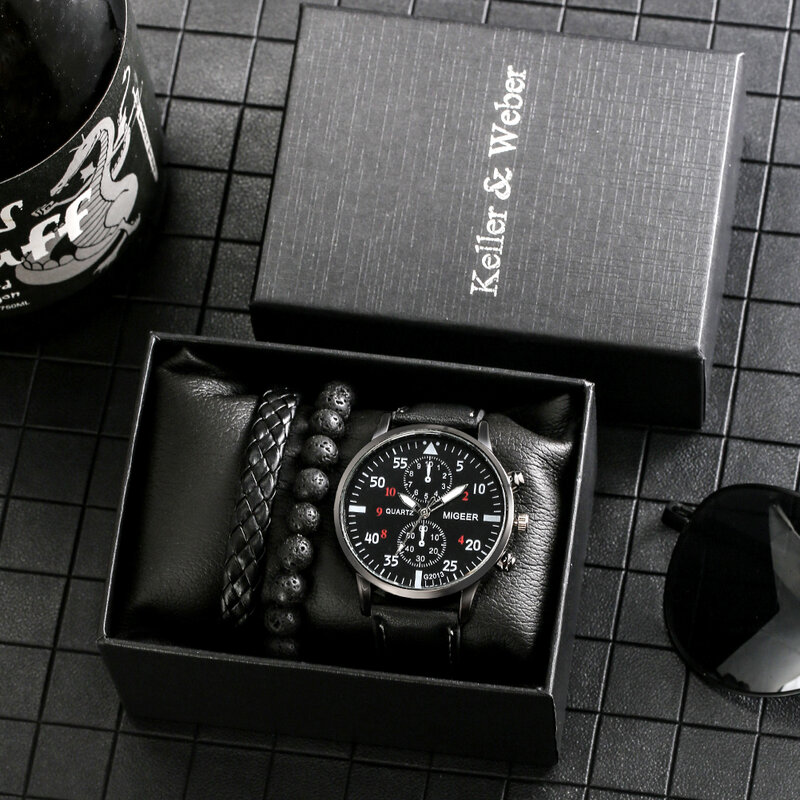 الكلاسيكية الأسود الرجال سوار ساعة مجموعة خمر الأساور المنسوجة سلسلة من الخرز سخية الكوارتز ساعة اليد هدية صندوق أفضل هدايا عيد