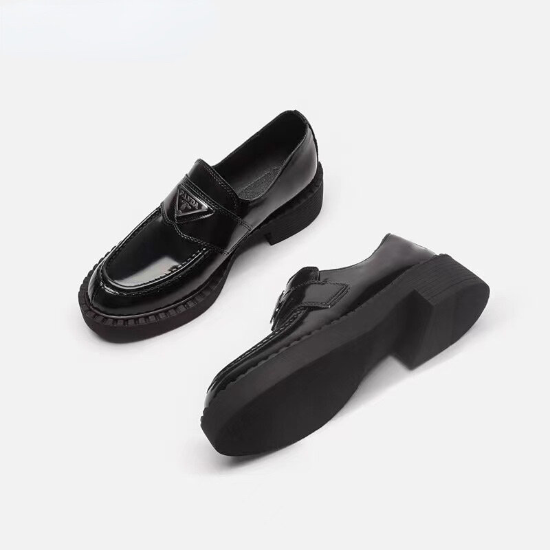 Luxury single platform shoes moccasins female leather autumn and winter one step thick heel black british small leather shoes