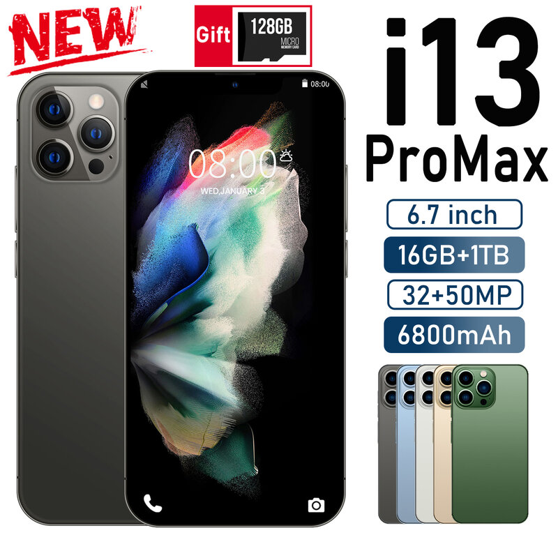 هاتف i13 Pro Max الذكي بشاشة 6.7 بوصة شاشة كاملة 16 جيجا بايت + 1 تيرا بايت 5 جيجا هاتف محمول 10 كور إصدار عالمي هاتف محمول celulars