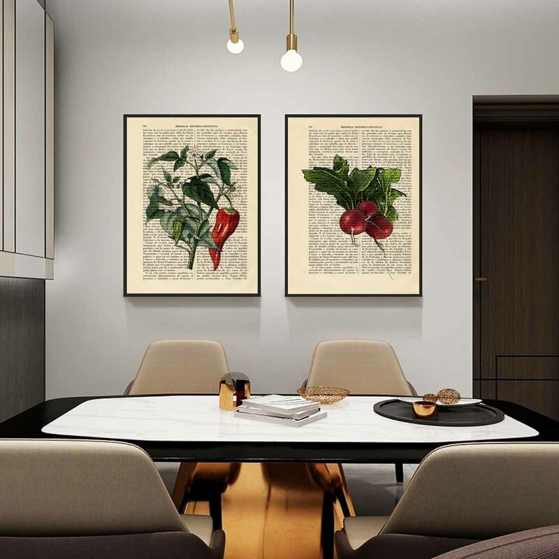الرجعية الفن النبات قماش اللوحة قاموس الخضار الباذنجان الفجل الجدار ملصق فني مكتب غرفة المعيشة ديكور المنزل جدارية