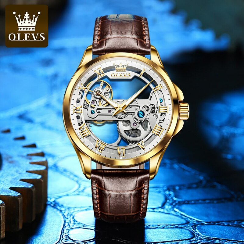 OLEVS-ساعة يد ميكانيكية أوتوماتيكية فاخرة للرجال ، تصميم هيكل عظمي ، مقاوم للماء ، حزام من الجلد ، ساعة رجالي