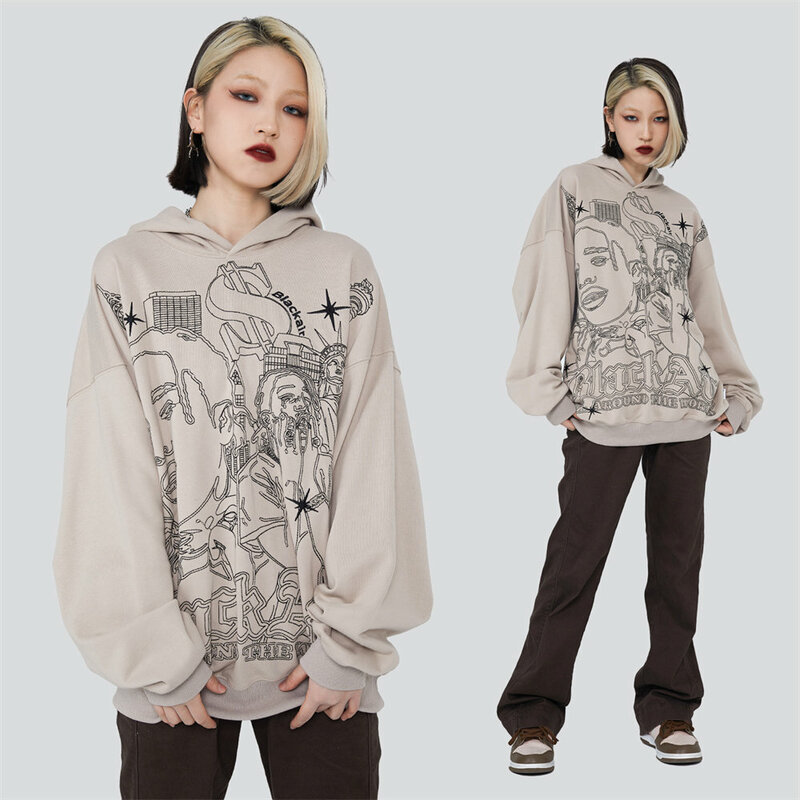Hoodies Women Hip Hop Cotton Spring Hooded Sweatshirts Streetwear Harajuku Embroidery Sketch Clothes for Women Oversized Hoodie