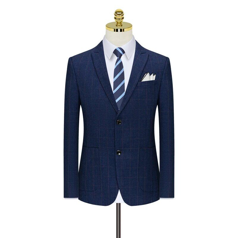 Plyesxale Korean Fashion Blue Plaid Suits For Men Slim Fit Mens Suits 3 Piece Wedding 2022 Elegant Business Dress Suit Male Q970 #3