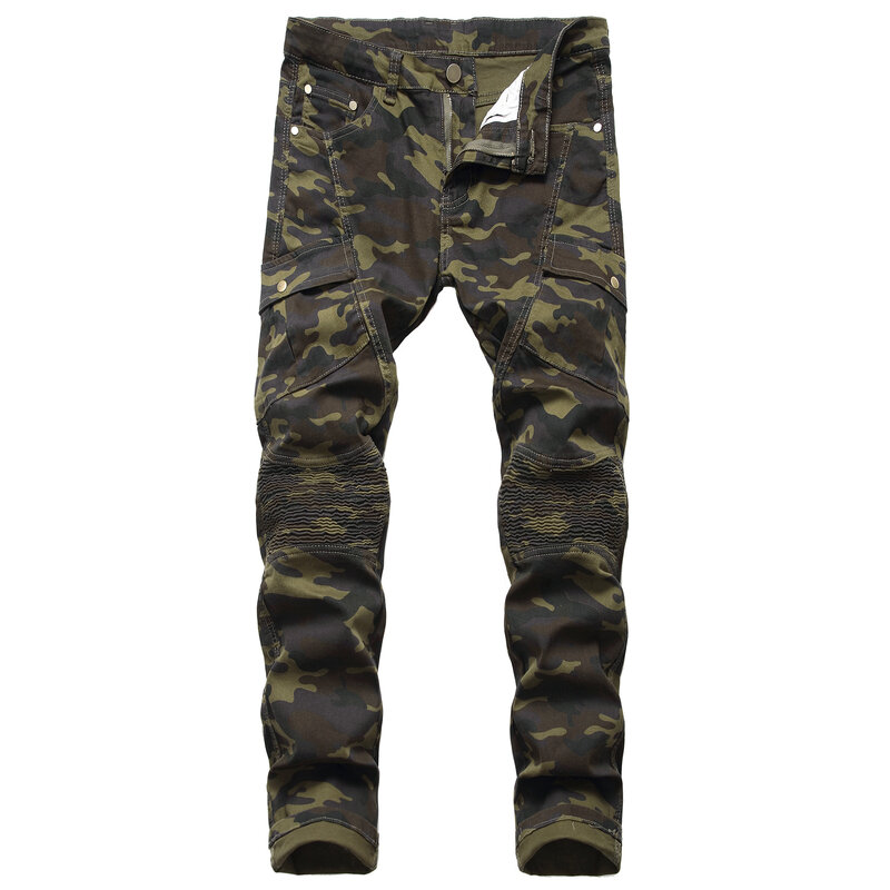 2022 Men's Stretch Camouflage Motorcycle Leisure Trousers Slim Fit Multi-Pocket Jeans