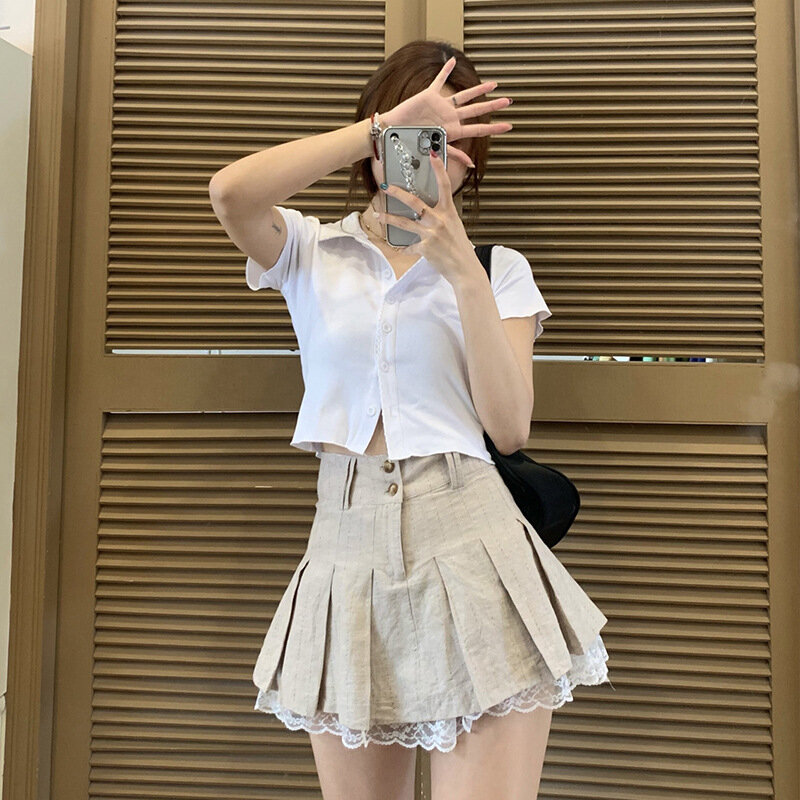 اليابان مثير الدانتيل مطوي تنورة المرأة 2023 الصيف جديد منفوش ألف خط تنورة قصيرة الكورية الرجعية المرأة عادية تنورة قصيرة Y2K الطرف