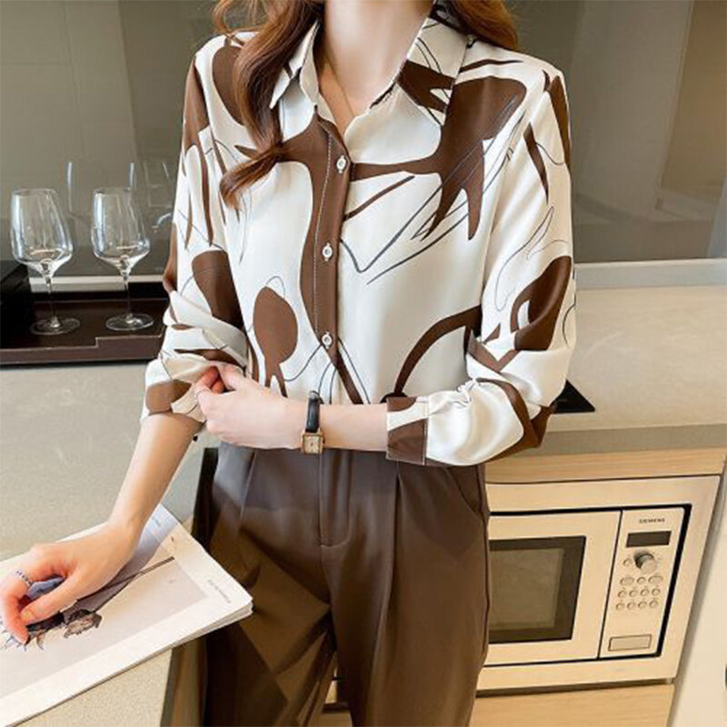 Spring Autumn Elegant Fashion Print Long Sleeve Chiffon Shirt Women All-match Blusa Female Loose Casual Cardigan Buttons Blouse