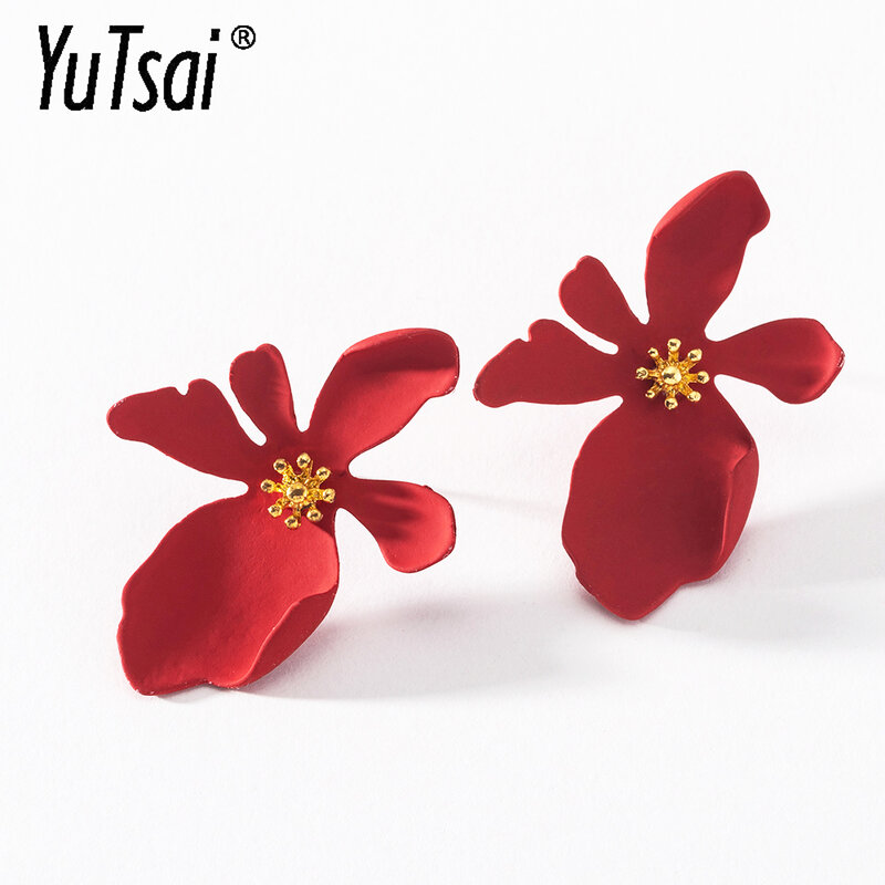 يوتساي الكورية كبيرة الأحمر زهرة وأقراط موضة بسيطة Preppy نمط متعدد الألوان الأزهار القرط للنساء مجوهرات YT091