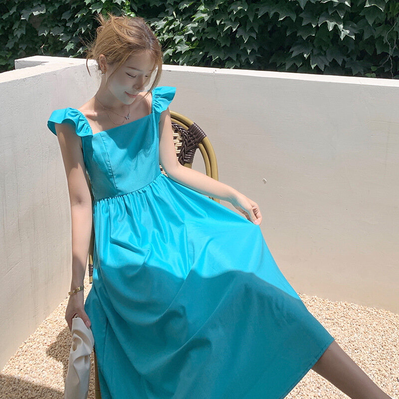 2022 Summer Women's Vacation Beach Dress French Square Neck Solid Color A-Line Skirt Sexy Backless Bow Elegant Ladies Clothing