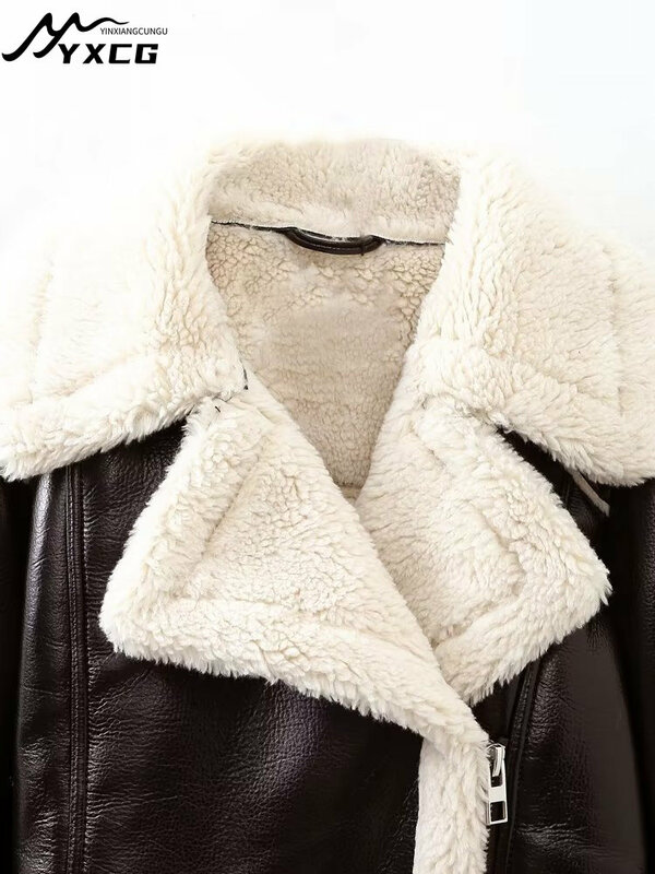 Women Fashion Thick Warm Leather Jacket Woman Faux Shearling Crop Coat Vintage Long Sleeve Front Zipper Female Outerwear Tops