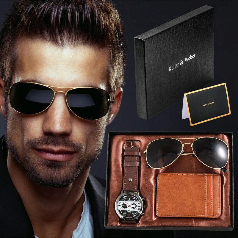 2022 حار بيع ساعة رجالي فاخرة مجموعة شخصية محفظة النظارات الشمسية المألوف كوارتز ساعة اليد مجموعات أفضل الهدايا للزوج #1
