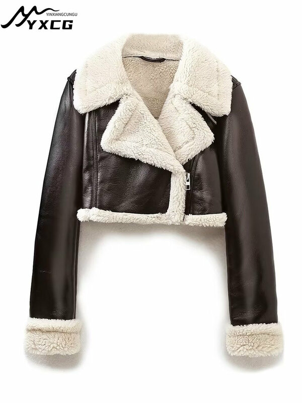 Women Fashion Thick Warm Leather Jacket Woman Faux Shearling Crop Coat Vintage Long Sleeve Front Zipper Female Outerwear Tops