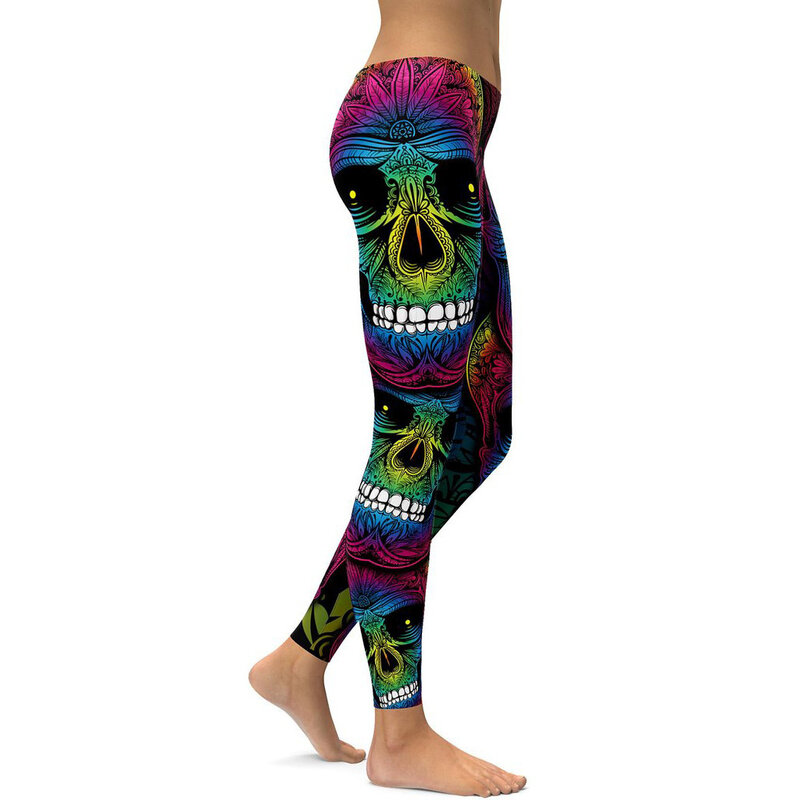 S-4XL Skull Print Summer Slim Women Leggings Mid Waist Fitness Workout Yoga Pants Drop Shipping