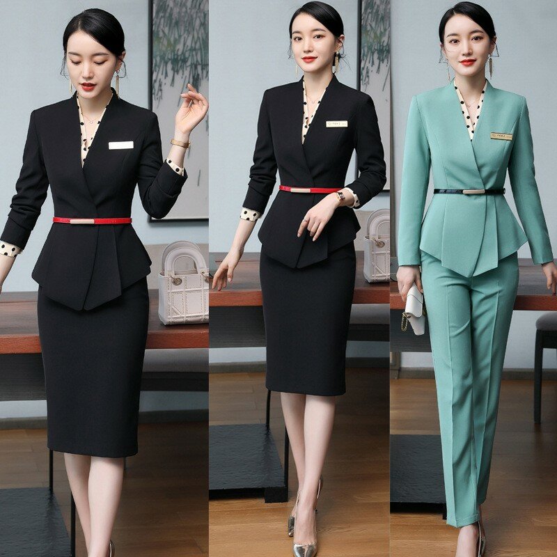 اليابانية الجديدة المهنية تنورة المرأة موضة الكورية نمط فندق مكتب الجبهة مقابلة مبيعات ملابس رسمية ملابس العمل الخضراء الخفيفة