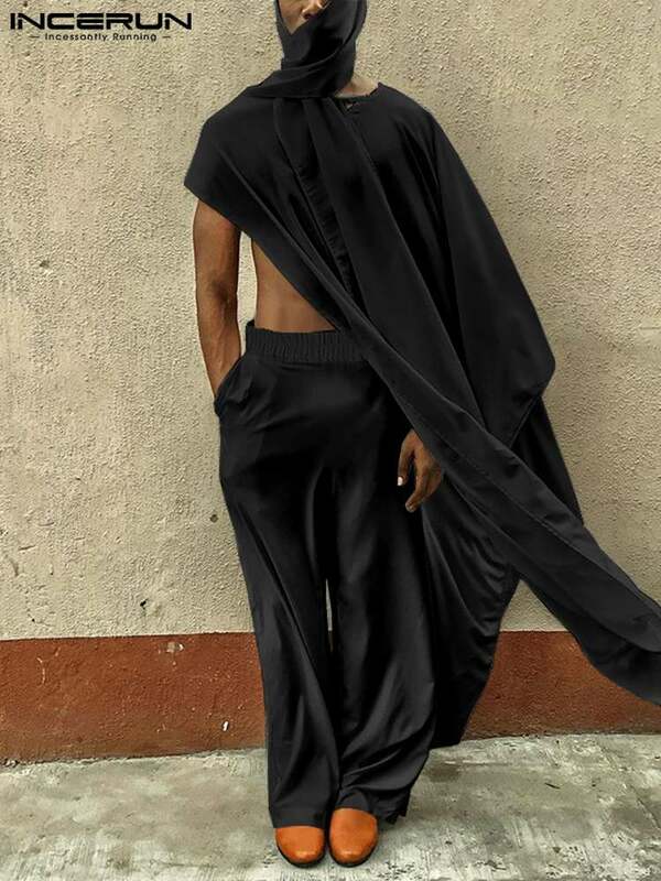 INCERUN Solid Color Men Sets Muslim Clothing Scarf Lace Up Irregular Kaftan & Pants 2022 Streetwear Islamic Men Casual Suits