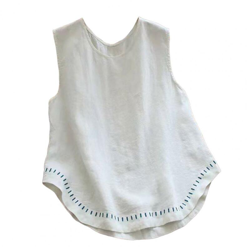 Summer Casual Sleeveless Blouses Women Vest O Neck Soft Embroidery Decor Tank Top Streetwear