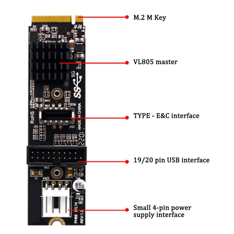 M.2 بكيي إلى USB3.0 نوع-E & C + 19 / 20P واجهة بطاقة التوسع M.2 مفتاح إلى بكيي محول 5Gbps بطاقة محول VL805