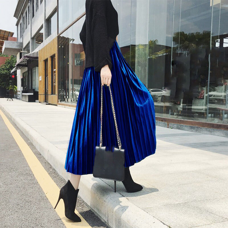 Vintage Velvet Pleated Skirt for Women 2022 Spring New Long High Waist Skirts Korean Fashion A-line Midi Skirt Female