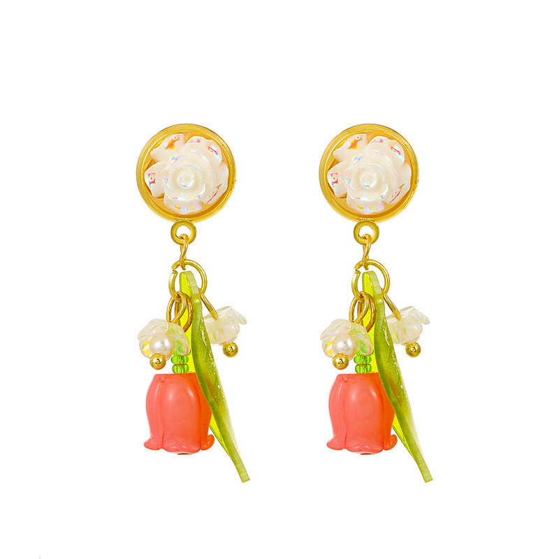 Pink Oil Drop Pearl Tulip Flower Earrings for Women Korean Fashion Sweet Romantic Stud Earring Wedding Party Jewelrygirl Gifts