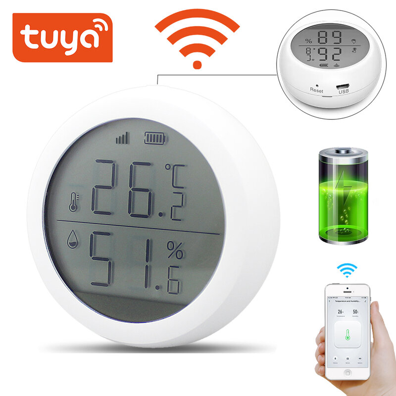 Tuya المنزل الذكي استشعار درجة الحرارة والرطوبة مع شاشة LED العمل مع مساعد جوجل و Tuya واي فاي محور الذكية واي فاي داخلي