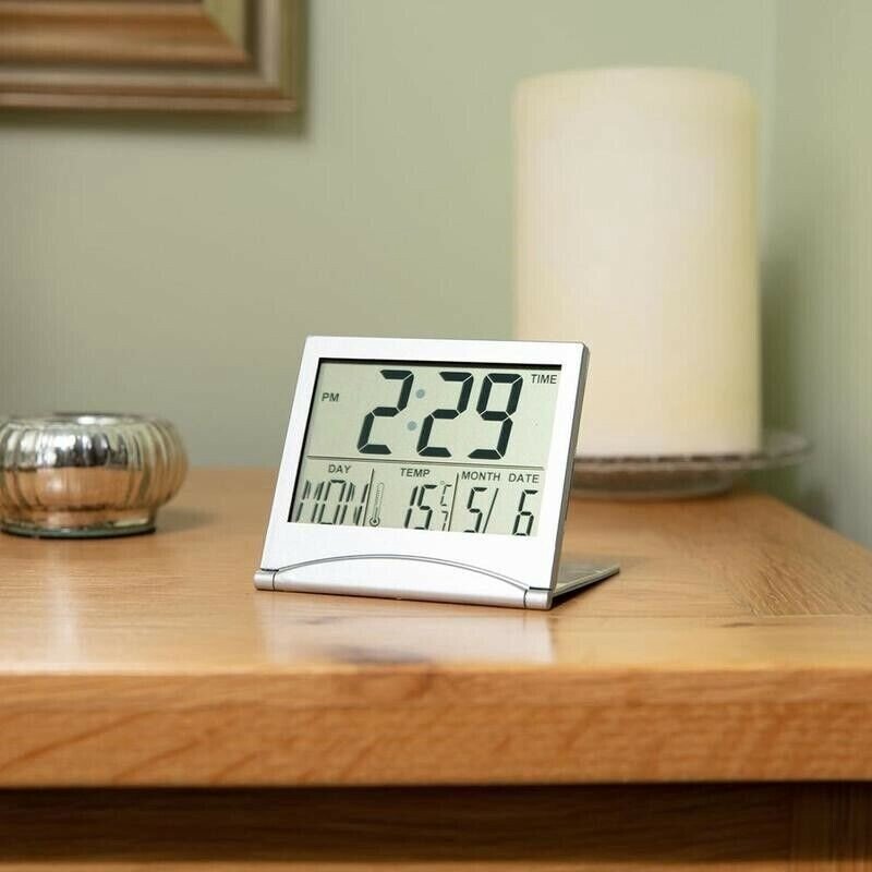 للطي ساعة بشاشة LCD منبه رقمي على مدار الساعة مكتب السفر ساعة إلكترونية درجة حرارة الجدول
