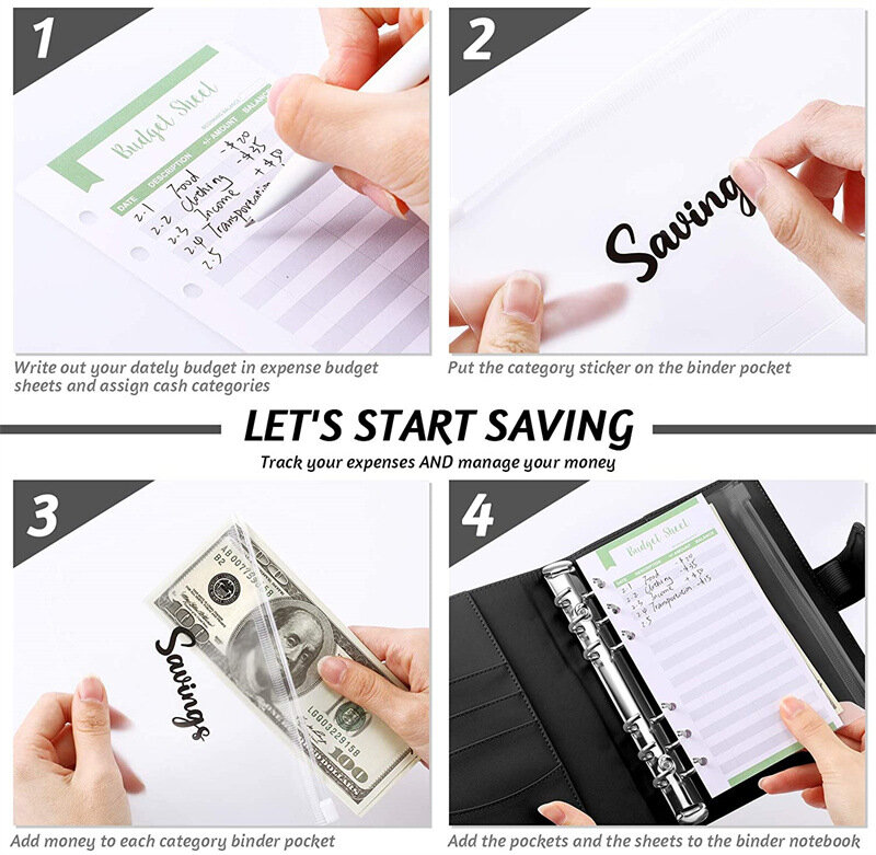 A6 PU Leather Binder Budget Planner Cash Envelope Wallet System with Budget Envelopes Binder Pockets for Budgeting