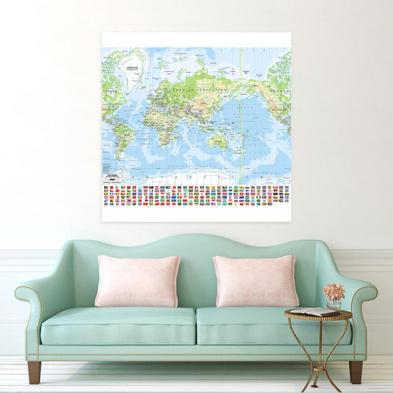 150x150 سنتيمتر الكلاسيكية خريطة العالم منتظم خريطة العالم مع العلم الوطني غير المنسوجة النسيج الجدار ملصق الديكور اللوازم المكتبية