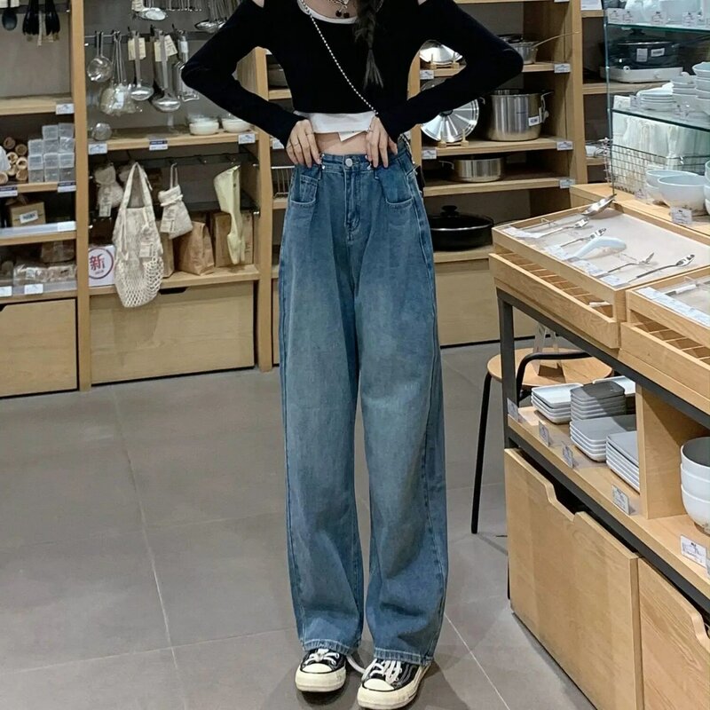 بنطلون جينز عالي الخصر للنساء بتصميم كلاسيكي أنيق وبأرجل واسعة من قماش الدنيم بنطلون نسائي ملابس هاراجوكو بناطيل A171 #3