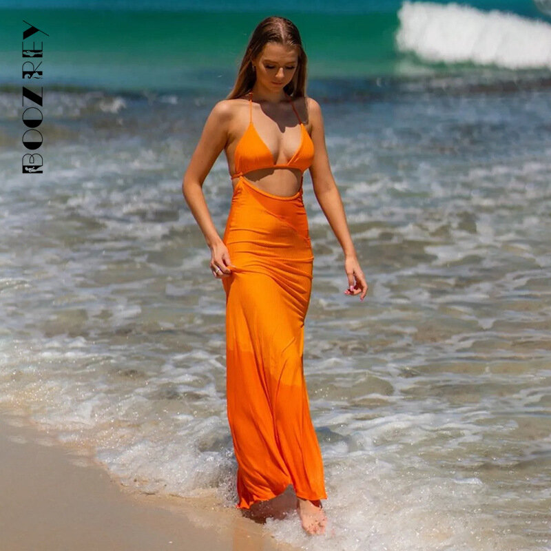 BoozRey Sexy Halter Deep V Sleeveless Detachable Slim Casual Holiday Dress Summer New Women's Clothing Hollow Orange Maxi Dress