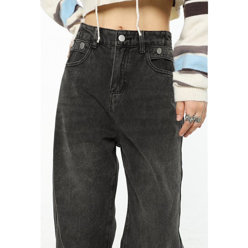 بنطلون جينز نسائي رمادي داكن عالي الخصر مستقيم من قماش الدنيم بنطلون جينز نسائي على الطراز الأمريكي بنطلون جينز نسائي واسع الساق