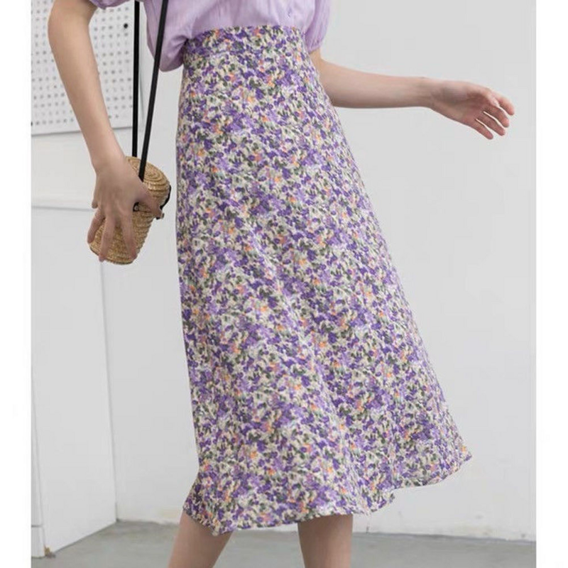 الصيف الأزهار طباعة الشيفون أنيقة بوهو Skirt تنورة المرأة الكورية مرونة عالية الخصر ميدي التنانير فام عادية ألف خط التنانير