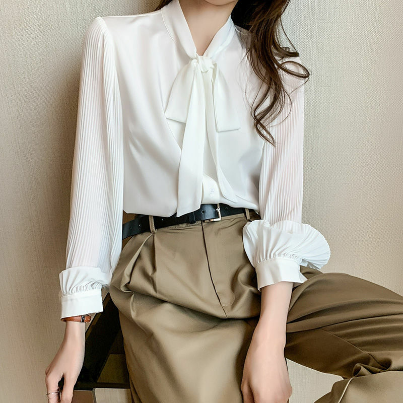 Bow Tie Women's Long Sleeve Top Business Attire White Shirt Korean Fashion Loose Chiffon Top High Quality Designer Folds New