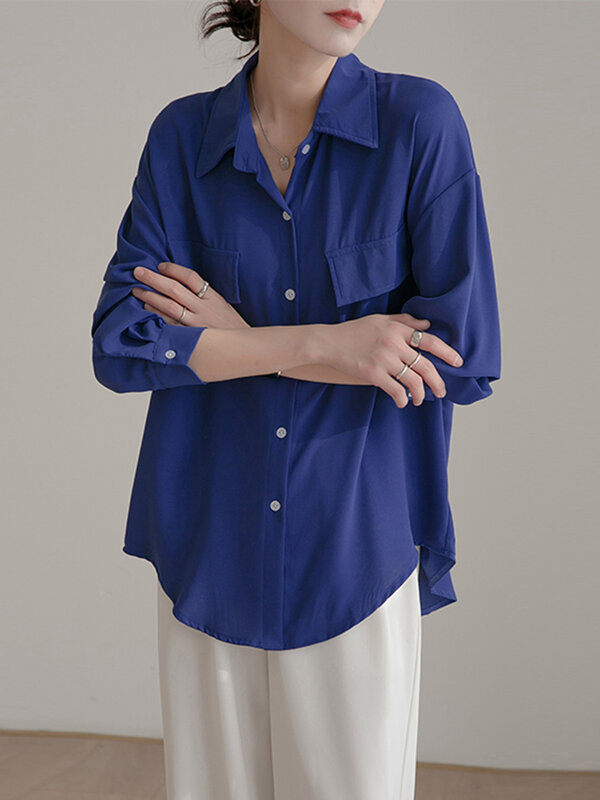 QOERLIN بلوزة زرقاء النساء 2023 بدوره إلى أسفل طوق كم طويل فضفاض بلايز عادية قمصان أنيقة مكتب السيدات قمصان بلوزة شيفون #5