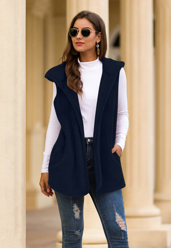 Women Fashion Causal Winter Long Solid Color Hooded Vest Overcoat Autumn Female Pocket Coat S-5XL