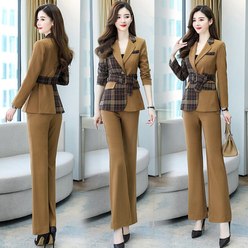 Sijiqing الملابس النسائية 2022 الربيع والخريف جديد الكورية نمط مزاجه الربط مع حزام التلبيب قطعتين السراويل مجموعة