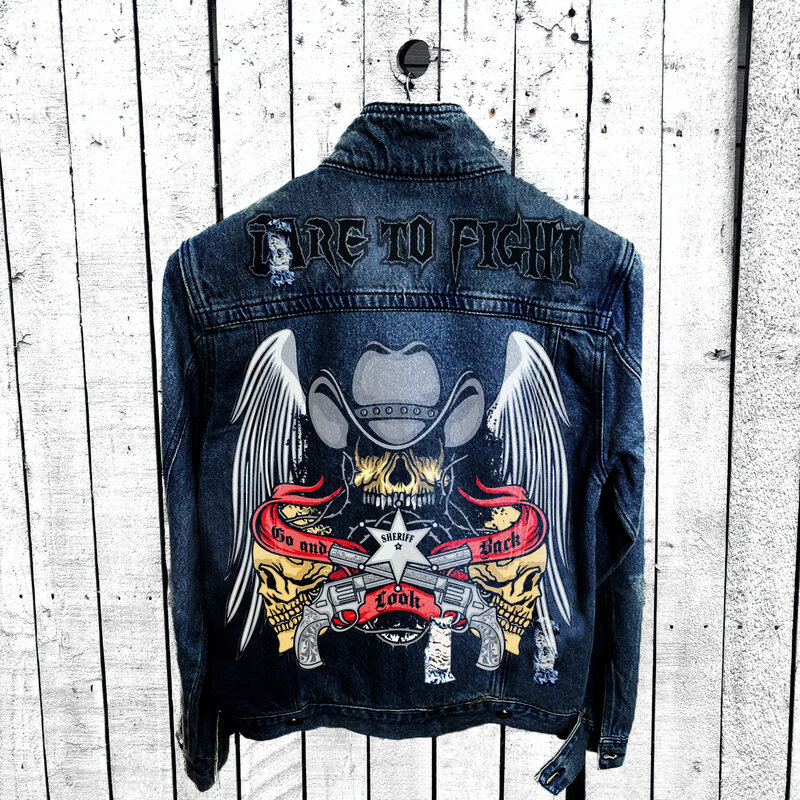 Men's autumn and winter new hot-selling street motorcycle denim double gun personality print pattern ripped denim jacket