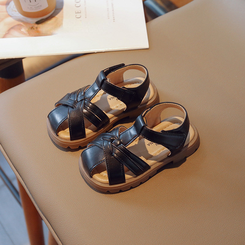 أحذية صيفية للأطفال البنات بمقدمة دائرية لون أسود بيج وردي للأطفال الصغار أحذية شاطئ للبنات أحذية من الجلد الناعم أحذية خارجية 2023 #4