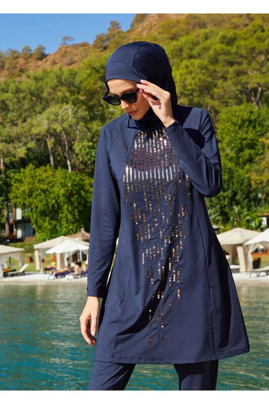 Lorac stamp embroidered design swimwear-navy blue muslim ladies swimwear for muslim ladies